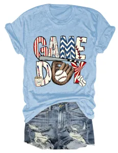 Damen Freizeit Kurzarm T-Shirt Game Day Baseball Druck Rundhalsausschnitt Hellblau