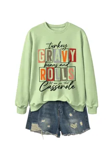 Sweat-shirt imprimé lettre Thanksgiving pour femmes assorti à un short en jean tenue automne