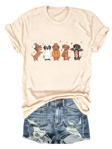 Maglietta donna beige manica corta con stampa bassotto Halloween simpatica casual estiva top.