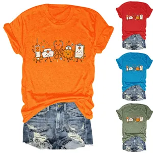 Detailed view of women casual short sleeve t-shirt with cute medical cartoon graphic.