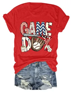 Damen Freizeit Rot Kurzarm T-Shirt Baseball Game Day Grafik Print Top Neu Mode