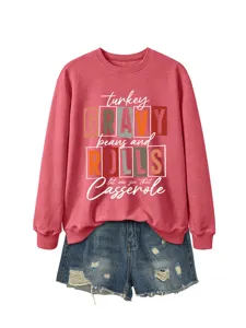 Sweatshirt rouge à manches longues pour femme avec imprimé graphique Thanksgiving chic.