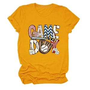 Senfgelbe Damen Kurzarm T-Shirt lässiges Oberteil Game Day Baseball Grafik Tee