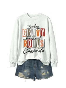 Sweat-shirt à manches longues imprimé Thanksgiving pour femmes avec short en jean élégant.