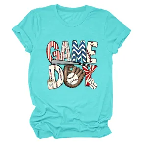 Lässige Damen Game Day Baseball Schläger und Handschuh Print Rundhals T-Shirt