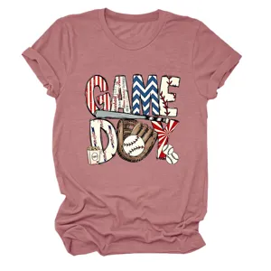 Lässiges Damen Game Day Baseball Grafik Kurzarm Rundhals T-Shirt in schönes rosa