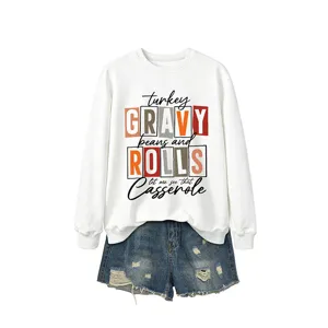 Sweat-shirt à manches longues blanc décontracté avec imprimé graphique Thanksgiving femme