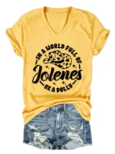 T-shirt jaune décontracté pour femme à col V et manches courtes avec vue de détail.