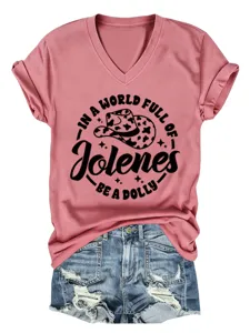 T-shirt femme décontracté à col V et manches courtes avec imprimé graphique tendance.