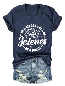 T-shirt col V bleu marine à manches courtes avec imprimé graphique, haut d'été décontracté
