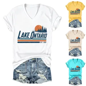 Maglietta donna scollo V maniche corte Lake Ontario paesaggio grafico vintage top casual
