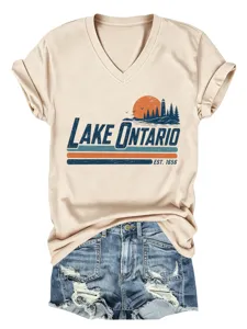 Maglietta da donna casual con scollo a V e stampa vintage del Lago Ontario per l'estate.