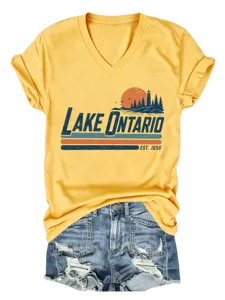 Donna vintage Lake Ontario stampa grafica colletto V maglietta manica corta dettaglio