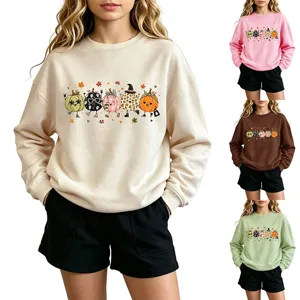 Cute pumpkin print long sleeve crewneck sweatshirt for women, casual autumn winter top clothing.