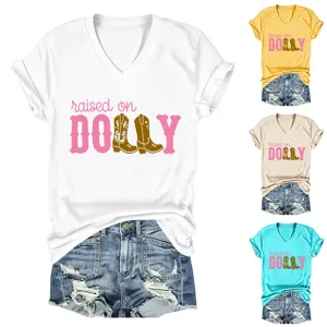 Damen V-Ausschnitt Kurzarm T-Shirt laessiges Sommer Top mit modischem Buchstaben Druck.