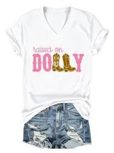 Lässiges Damen Kurzarm V-Ausschnitt T-Shirt mit Aufdruck, stylisch und bequem für den Alltag.