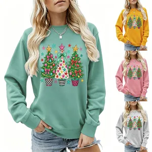 Damen Weihnachten Baum Grafik Druck Rundhalsausschnitt Langarm Freizeit Sweatshirt