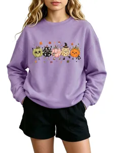 Cute autumn pumpkin graphic long sleeve purple sweatshirt for women casual wear