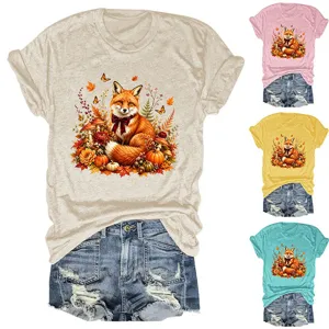 Lässige Damen Fuchs Herbst Blatt Kürbis Druck Rundhalsausschnitt Kurzarm T-Shirt