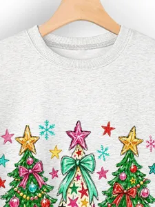 Damen lässiger Weihnachtsbaum Print Rundhals Sweatshirt langarm graues Feiertag Oberteil