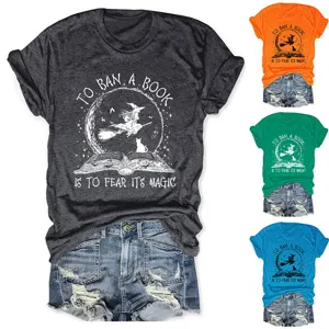 Women short sleeve round neck t-shirt with Halloween witch book graphic print casual top