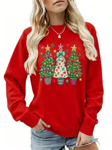 Damen rotes Weihnachtsbaum Grafik Sweatshirt, lässiger langärmliger Rundhals Feiertags Pullover.