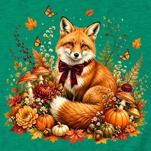 Detailansicht Damen Herbst Fuchs Kürbis Druck Grafik Kurzarm T-Shirt grün Stoff.