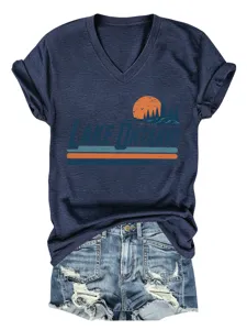 Donna vintage Lake Ontario grafico scollo V maglietta manica corta top casual dettaglio