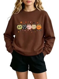 Cute cartoon pumpkin print brown long sleeve sweatshirt for autumn winter daily casual wear.
