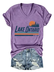 Maglietta Donna Viola Scolollo V Maniche Corte Top Estivo Casuale con Stampa Lago Ontario