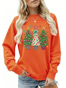 Detailansicht Damen orange Weihnachtsbäume Grafik Sweatshirt, lässiges Urlaubs Langarmtop.