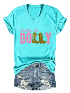 Bequemes Damen V-Ausschnitt Kurzarm T-Shirt in Türkis mit stilvollem Grafikdruck.