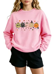Cute autumn sweatshirt featuring playful cartoon pumpkin graphics for women and kids daily wear.