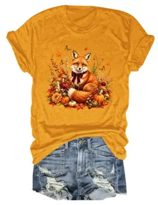 Damen lässiges Herbst Fuchs Kürbis Print Rundhals Kurzarm T-Shirt mit Jeansshorts Detail