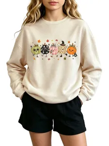 Cute autumn sweatshirt featuring fun cartoon pumpkin graphic details for cozy seasonal style.
