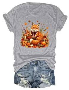 Damen herbst fuchs print rundhalsausschnitt kurzarm t-shirt freizeit oberteil jeans