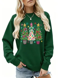 Damen Weihnachtsbaum Sweatshirt Langarm Festlicher Feiertag Rundhals Pullover Gruen