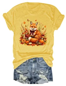 Damen lässiges niedliches Fuchs Druck Kurzarm T-Shirt Nahaufnahme Herbst Ahornblatt Detail