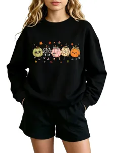 Cute autumn pumpkin graphic black long sleeve sweatshirt for women casual daily streetwear top
