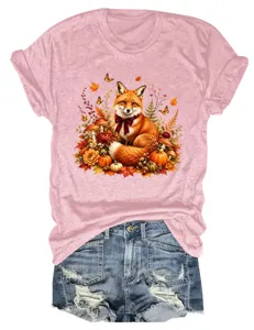 Rosa Damen Rundhals Kurzarm T-Shirt mit süßem Herbst Fuchs und Kürbis Grafikdruck.