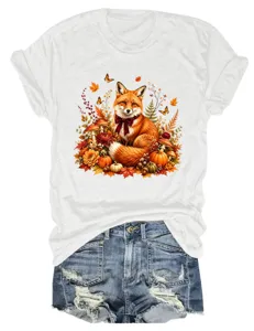 Freizeitmäßiges Damen Kurzarm T-Shirt mit süßem Herbst Fuchs und Kürbis Motiv gestaltet.