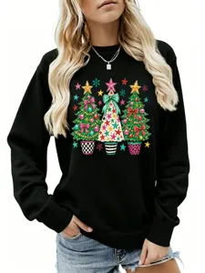 Damen Weihnachten Baum Druck Sweatshirt Lässige Langarm Rundhals Pullover Festlich Top