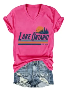 Maglietta Donna Rosa Caldo Scollo V Maniche Corte Vintage Lago Ontario Grafica