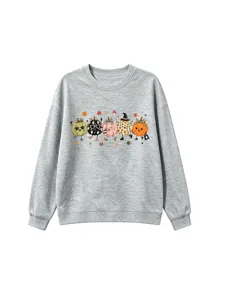 Cute cartoon pumpkin graphic detail view on grey kids long sleeve crewneck sweatshirt