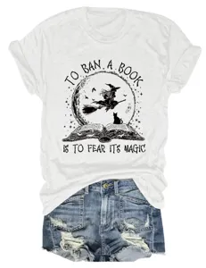 Halloween book witch graphic print short sleeve white t-shirt with denim shorts set.