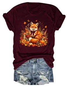 Lässiges Damen T-Shirt in Burgunderrot mit herbstlichem Fuchs- und Kürbis-Druck.
