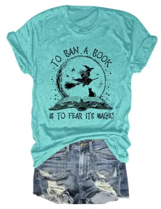 Turquoise short-sleeve graphic t-shirt featuring book quote paired with stylish denim shorts.