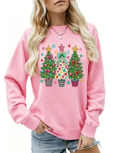 Lässiger bequemer Damen rosa Weihnachtsbaum Grafik Langarm Sweatshirt Detailansicht.