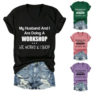 T-Shirt Femme Col V Manches Courtes Casual Drôle Imprimé Lettres Été Hauts Tops Multicolore