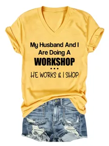 Decontracte t-shirt femme col V manches courtes jaune haut graphique vue de detail